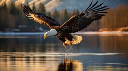 Image of an eagle soaring gracefully over a serene lake.