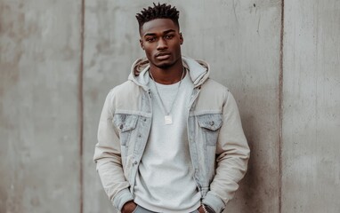 Obraz premium A young man stands confidently against a concrete wall, dressed in a casual outfit with a hoodie and denim jacket.