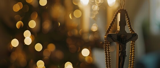 Rosary beads draped around a crucifix in soft, warm lighting against a bokeh backdrop, symbolizing faith and spirituality.