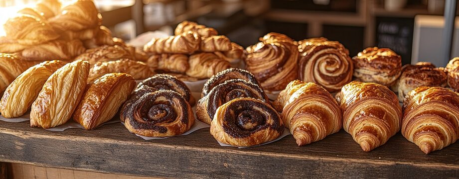 Golden Hour Pastry Display: A tempting selection of freshly baked pastries, bathed in the warm glow of golden hour, ready to be savored.