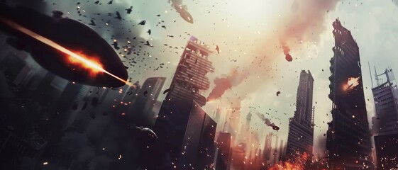 Chaotic cityscape under siege, featuring high-rise buildings in flames and explosions as destruction unfolds dramatically.