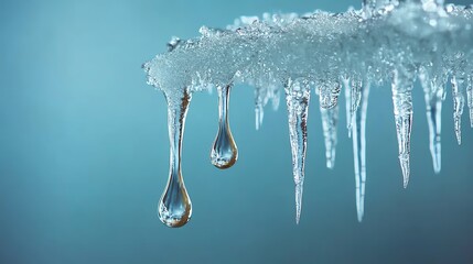 A water drop falling in slow motion from the tip of an icicle, symbolizing the transition from cold to warmth, water drop from icicle, subtle water transformation - Powered by Adobe