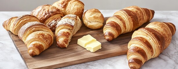 Golden Croissants and Butter: A rustic wooden board displays a delectable assortment of freshly baked croissants, their golden-brown crusts glistening, alongside a pat of creamy butter.
