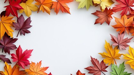 Colorful autumn maple leaves arranged in a frame on a white background Autumn maple leaves displayed in a frame on a white background