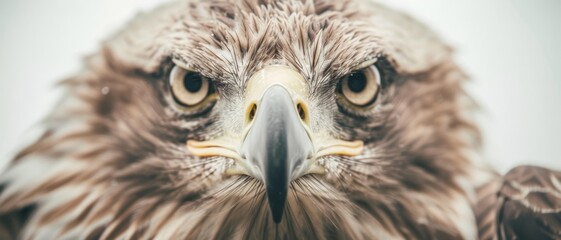 Obraz premium Majestic close-up of a bird of prey, focusing on its intense eyes and sharp beak, conveying an aura of strength and keen observation.
