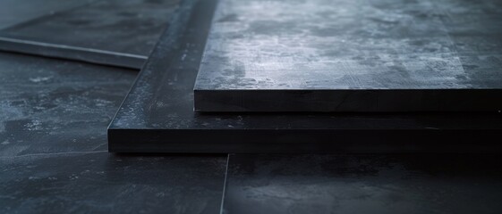 Close-up of dark, textured slabs with a subtle sheen, capturing an industrial and minimalist ambiance.
