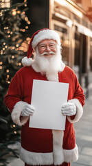 Naklejka premium Happy Santa Claus is holding a white vertical mockup poster at the entrance to the coffee shop. Festive mood, decorated Christmas tree in the background.