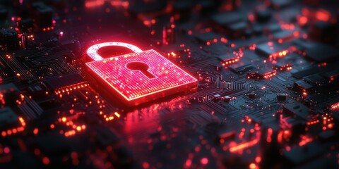 Lock icon with keyhole in red surrounded by digital code and microprocessors with glow, fluorescent neon colors on black background. Cybersecurity and data protection concept. Futuristic banner