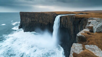 Fototapeta premium Water crashing over a cliff into a deep pool below, creating a constant, thunderous roar, waterfall cliff, untamed water power