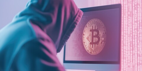 Man in hoodie with Bitcoin symbol overlay coding on computer in digital environment, fluorescent neon pink colors. Concept of cybersecurity and data protection, cryptocurrency. Futuristic banner