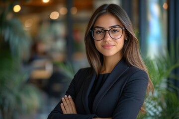 Confident Latin business leader portrait. Young businesswoman in suit and glasses posing with arms folded, looking at camera and smiling. Female leadership, Generative AI