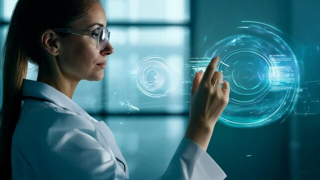 Young girl manager businesswoman interacts with AI AR holographic interface UI science research female scientist modern technology lab VR virtual reality artificial intelligence network IT specialist
