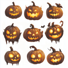 A variety of cute and spooky jack-o'-lantern faces with glowing expressions, placed against a clean white background.