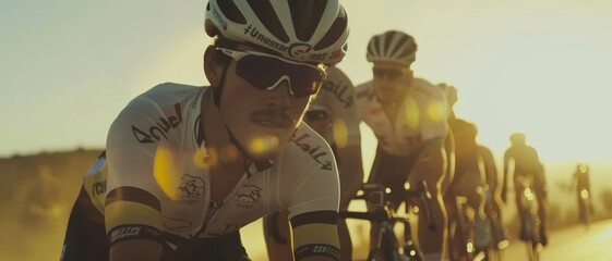 Cyclists race unitedly in the golden light of dawn, their focused expressions highlighting the effort and camaraderie amidst the sparkling sunlight.