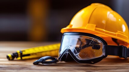 yellow construction helmet and gloves on wooden pallet at construction site..