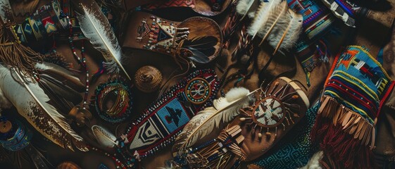 Fototapeta premium An assortment of traditional handmade crafts, including ornate feathers and beadwork, meticulously arranged to display cultural artistry and heritage.