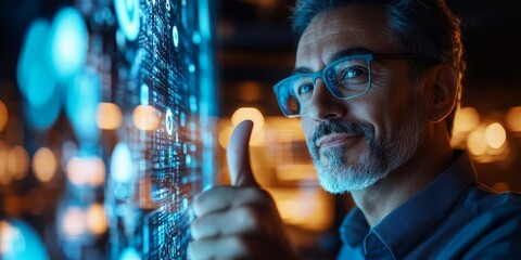 Side view portrait of Arab mature businessman showing thumb up to hologram screen or glass reflection, Generative AI