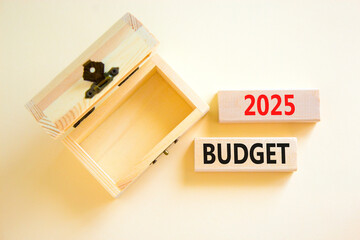 Planning 2025 budget new year symbol. Concept words 2025 Budget on beautiful wooden blocks. Beautiful white background. Wooden empty chest. Business 2025 budget new year concept. Copy space.