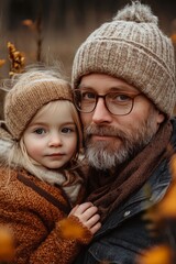 Obraz premium A father and his young daughter smile at the camera while bundled in warm clothes.