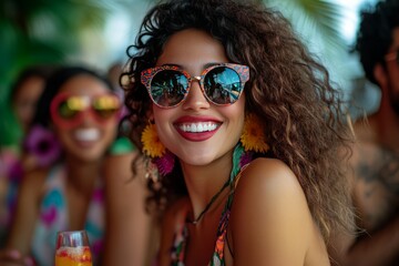 Smiling woman in sunglasses at a party