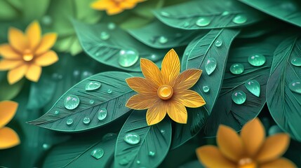 Vibrant green leaf featuring pinnate venation adorned with rain droplets with softly blurred yellow petals of blooming flowers in the background