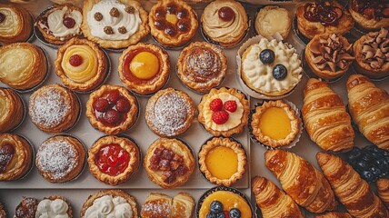 A delectable array of pastries: A delightful collection of mini tarts, croissants, and other sweet treats, showcasing a vibrant variety of fillings and toppings.