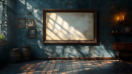 Ornate wooden frame mockup positioned within a baroque-inspired interior setting,featuring intricate carvings and dramatic shadows cast by candlelight,creating a luxurious and grandiose atmosphere.