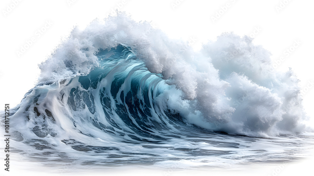 Poster Powerful crashing wave surging and splashing against a pristine white background,capturing the raw natural energy,force and motion of the ocean in a dramatic and captivating way.
