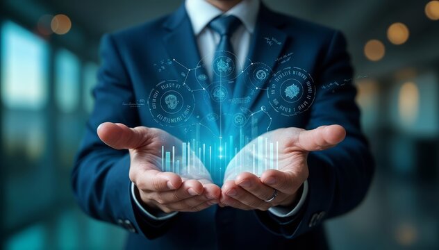 Middle-Aged Caucasian Man in Blue Suit Presenting Holographic Digital Data for Business Success