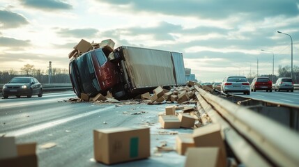 A truck lies on its side on the highway, surrounded by scattered boxes, while cars navigate the congested road under a cloudy sky