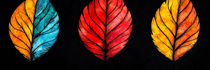 Three watercolor leaves in vibrant colors.