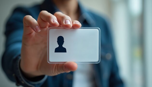Individual Displaying a White ID Card Featuring a Silhouette Profile Picture for Identification Purposes