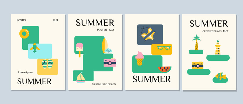 Abstract modern summer vacation posters set. Travel and beach journey elements in flat style. Minimal design. Cover or banner template with ice cream, leave, coconut, hat, summer vibe background.