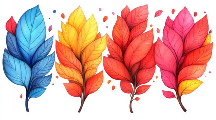Fototapeta premium Vibrant, stylized leaves in blue, orange, red and pink.