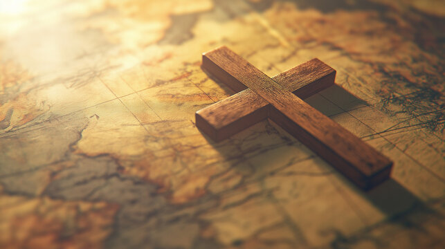Wooden cross on a map. Cross lying on the rustic world map. God loves us. Jesus Christ love. Christianity concept. Spreading the word of Bible.