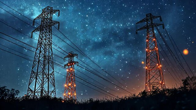 Electricity transmission towers with orange glowing wires the starry night sky. Energy infrastructure concept, energy, electricity, voltage, supply