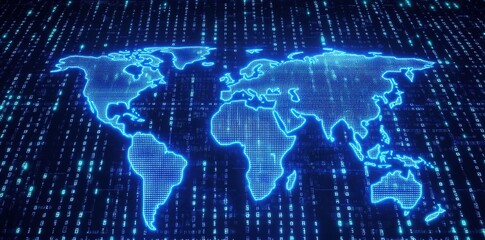 Fototapeta premium A glowing blue digital world map with a binary code background. 
