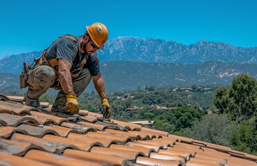 Worker on the Roof Installing Clay Tiles