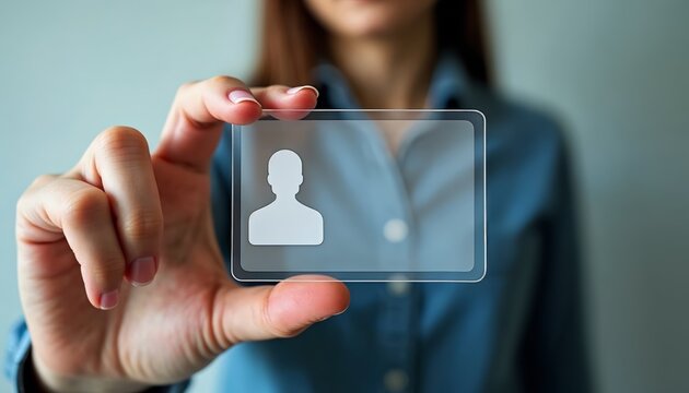 Young Woman Showcasing Transparent ID Card with Profile Icon for Professional Use - Powered by Adobe