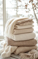 Neatly folded sweaters and scarves on a table, cozy and warm atmosphere
