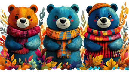 Fototapeta premium Three cute bears wearing colorful scarves and hats stand in front of a fall background.