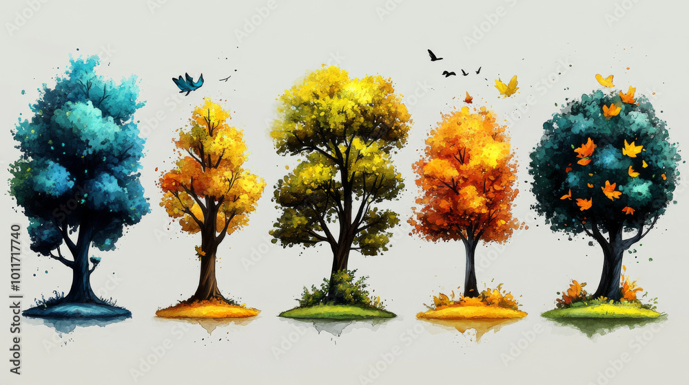 Canvas Prints Five trees in various shades of blue, yellow, green, and orange representing the seasons.