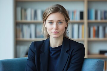 Businesswoman sitting confidently in front of bookshelves