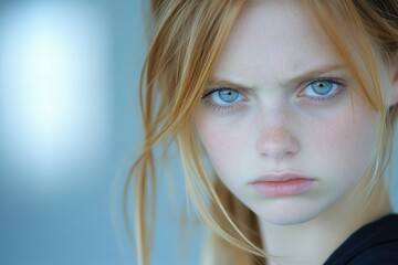 Young woman with a serious expression and red hair and blue eyes 