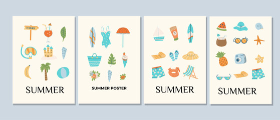 Abstract modern summer vacation posters set. Travel and beach journey elements in flat style. Minimal design. Cover or banner template with ice cream, leave, coconut, hat, summer vibe background.