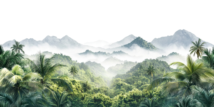 Lush tropical jungle with palm trees and distant mountains, isolated on transparent cutout background