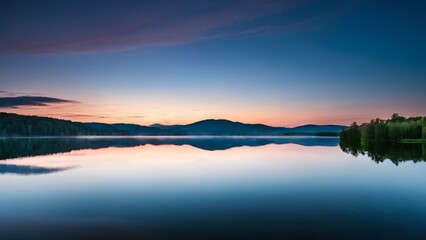Fototapeta premium Crystal-clear lake with smooth ripples captured during a calm, windless evening. The water reflects the scenic surroundings, creating a peaceful atmosphere, presented in stunning 4k resolution