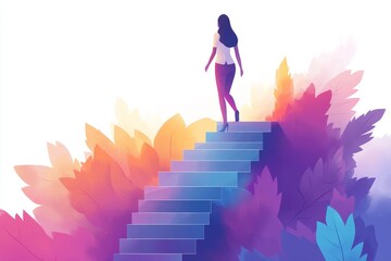 Business ambition and success  concept. Ambitious and successful business woman climbing to top of steps. Symbol of motivation, challenge, Generative AI