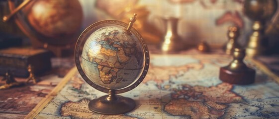 A brass globe sits on a historical map, capturing an atmosphere of exploration and scholarly pursuit with warm, diffused light.