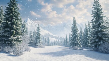 Winter Landscape with Snowy Pine Trees Mountains in Background